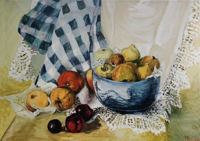 Naturaleza muerta con un cuenco azul, manzanas, peras, textiles y encaje de Joan Thewsey